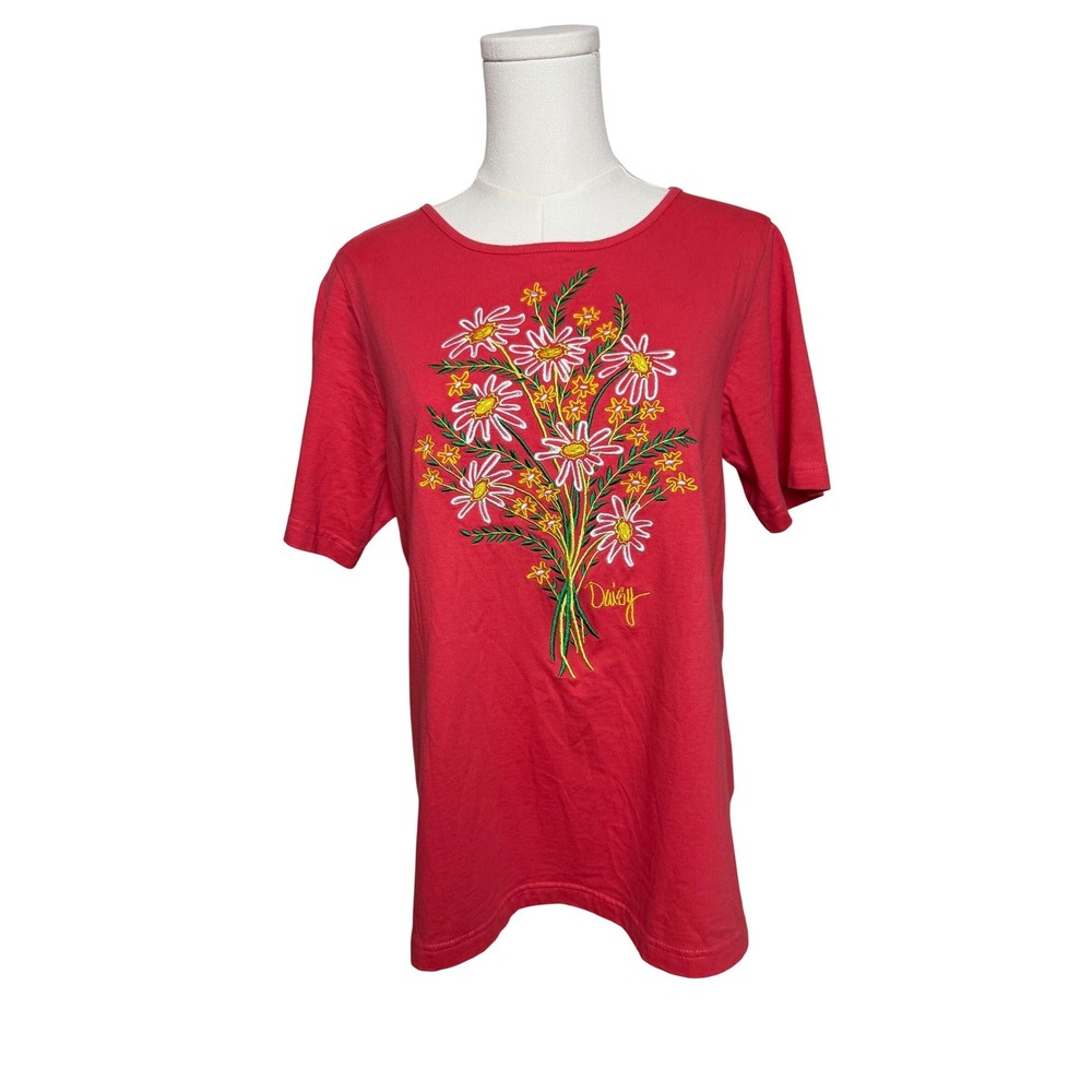Bob‎ Mackie Wearable Art Red Floral Daisy Embroidered T-Shirt Womens Small